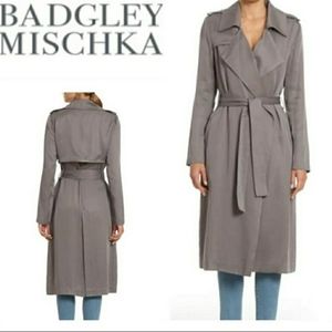 Badgley Mischka Faux Leather Trim Long Trench
